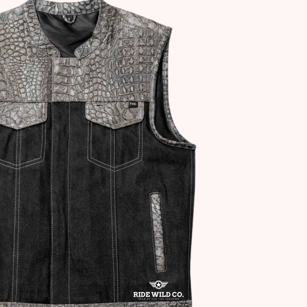 Serpent Hunt Club Men's Denim Biker Vest - right close up