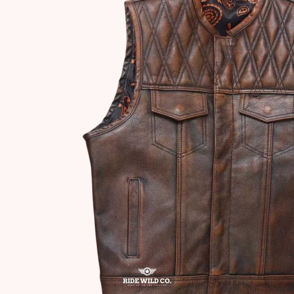 Outlaw Rider Men's Washed Leather Motorcycle Vest - left close up