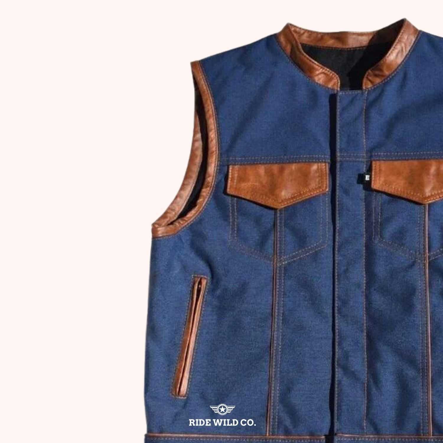 Maverick Sapphire Men's Canvas Motorcycle Vest - left close up