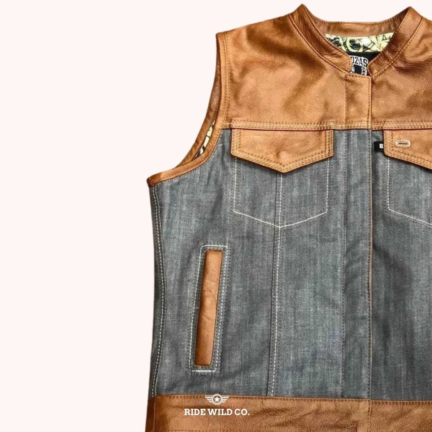 Hades Highway Men Denim Motorcycle Vest - left close up