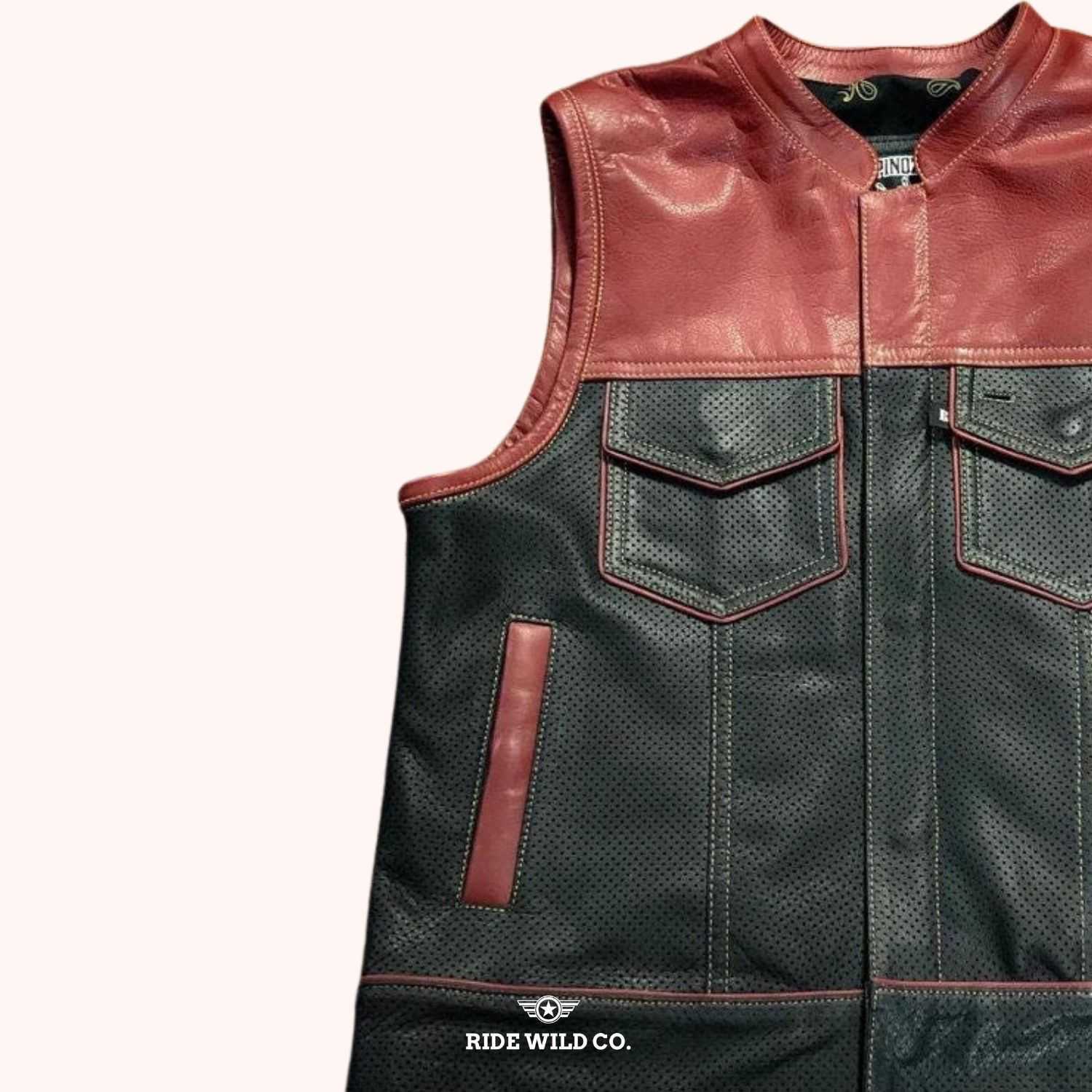 Maroon Noir Lowside Mesh Men's Motorcycle Leather Vest - left close up