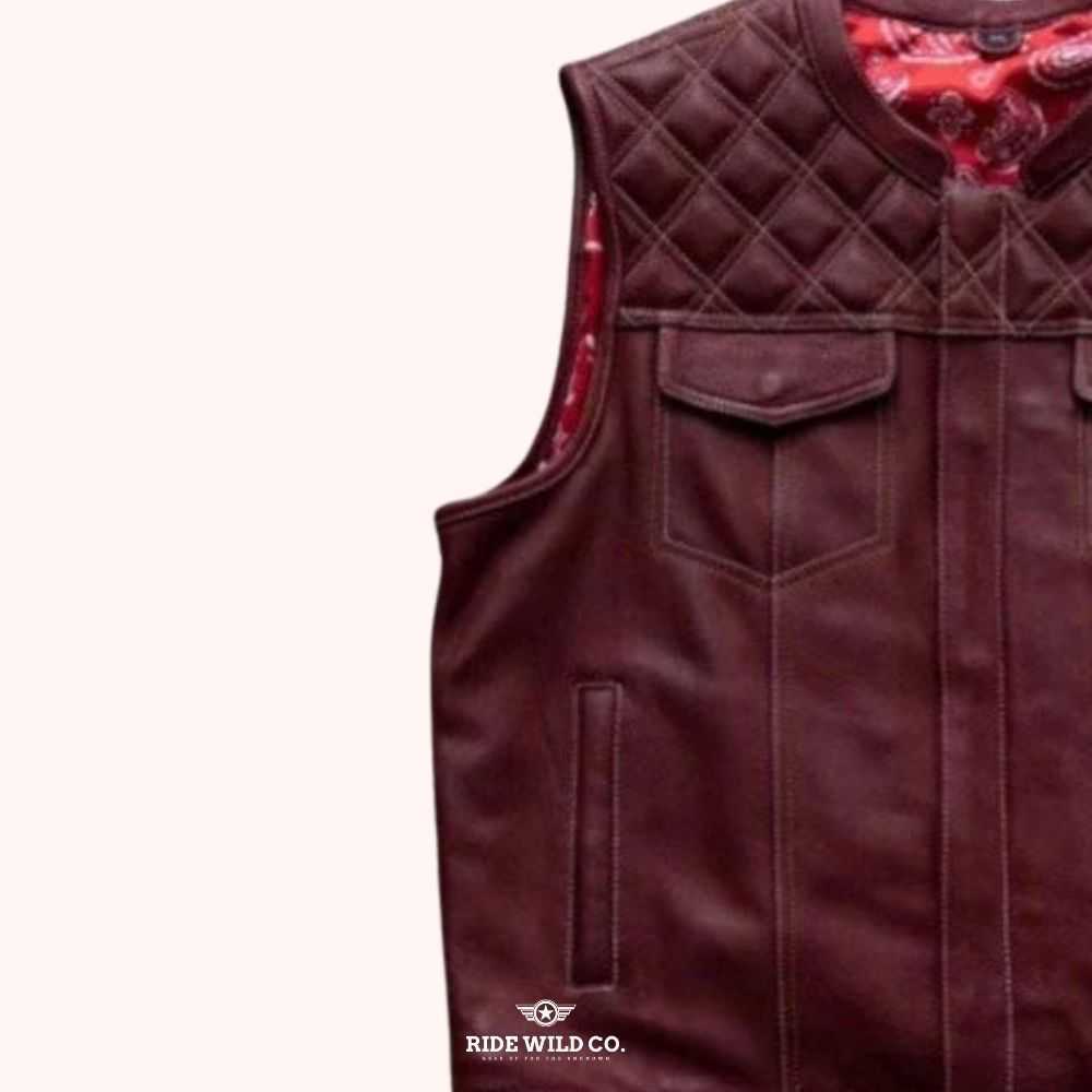 Road Warrior Men's Diamond Quilted Leather Vest - left close up