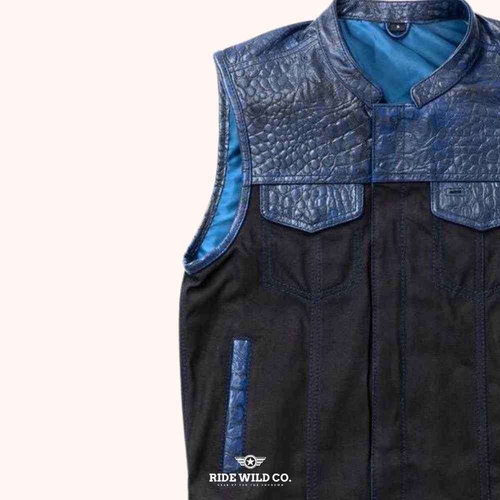 Wild Stallion Men Canvas Biker Vest - left close up