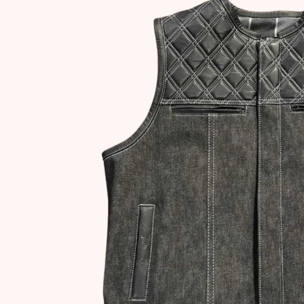 Renegade Rider Men's Distressed Denim Biker Vest - left close up