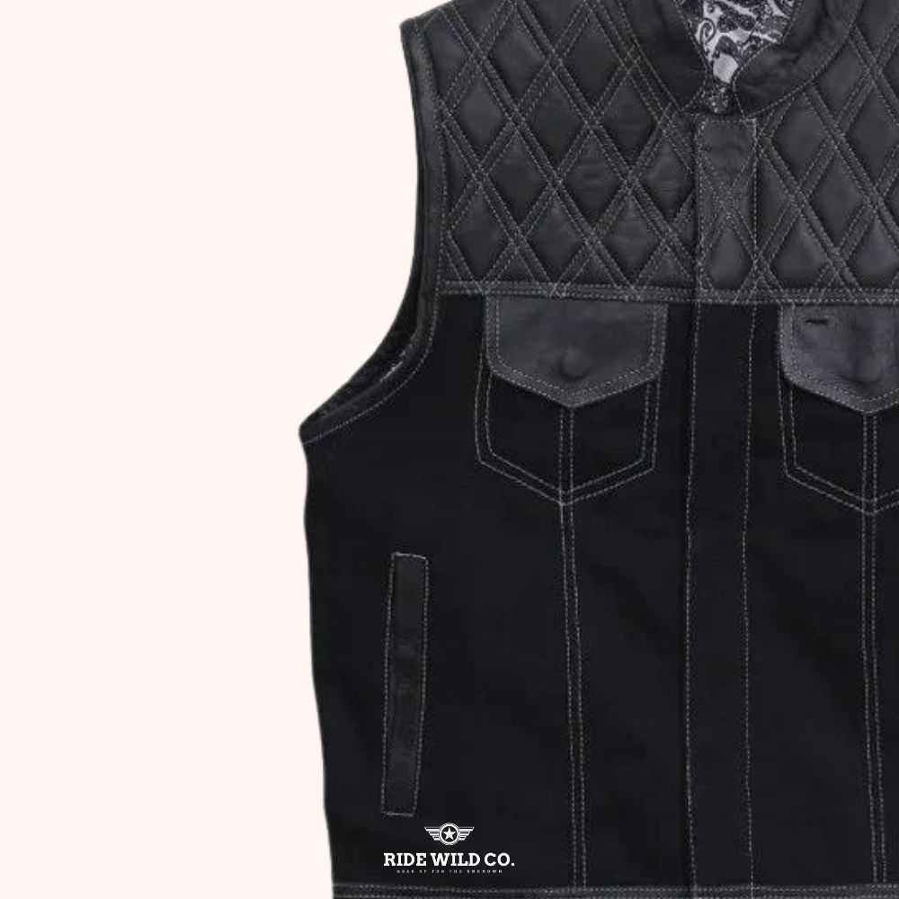 Free Spirit Men's Leather Biker Vest - left close up