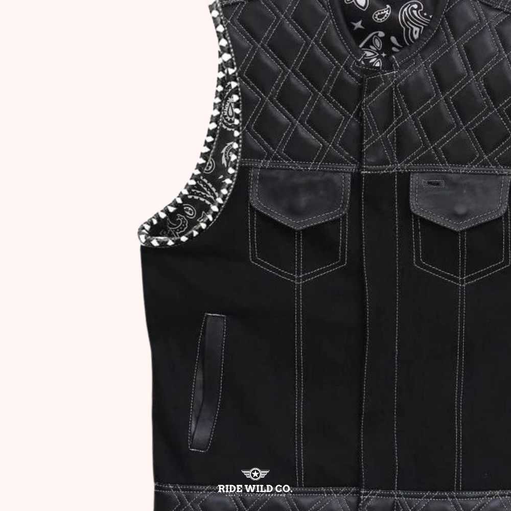 Rebel Bandanna Canvas Biker Vest - left close up