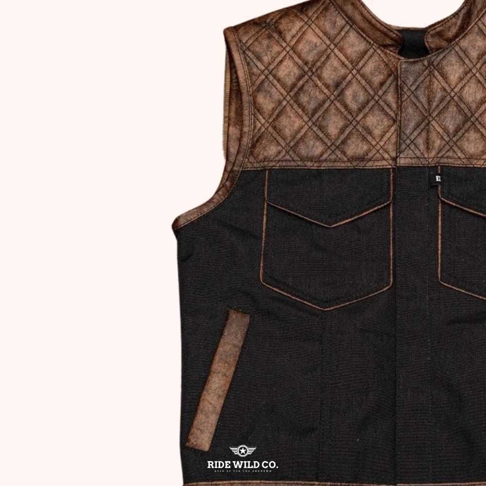 Contemporary Rider Men Canvas Biker Vest - left close up