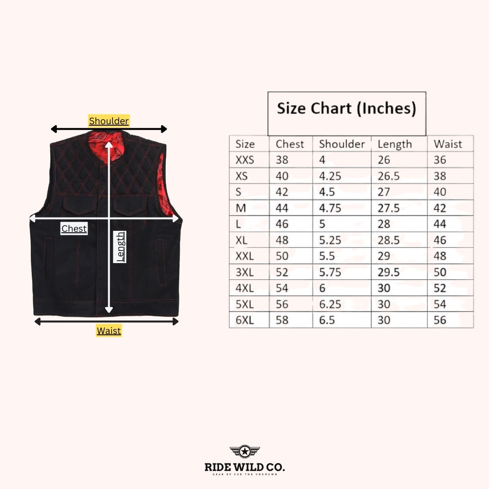 Phantom Operator Men's Black Leather Motorcycle Vest - size chart