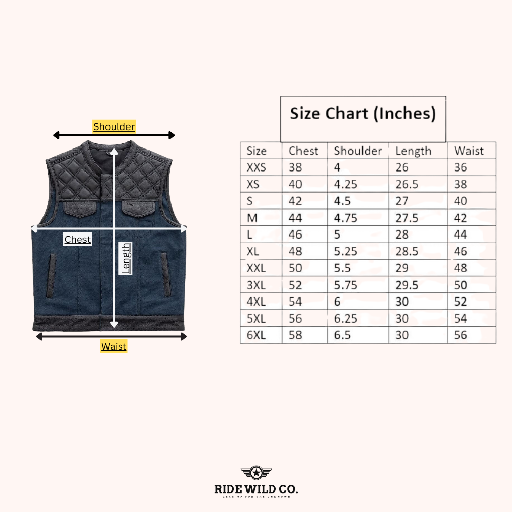 Legion Men's Motorcycle Canvas Vest - size chart