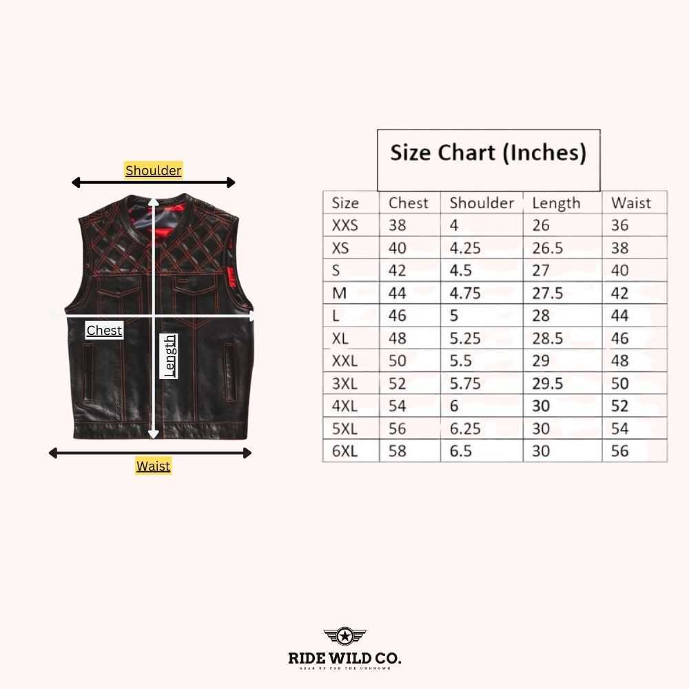 Renegade Black Distressed Men's Motorcycle Leather Vest - size chart