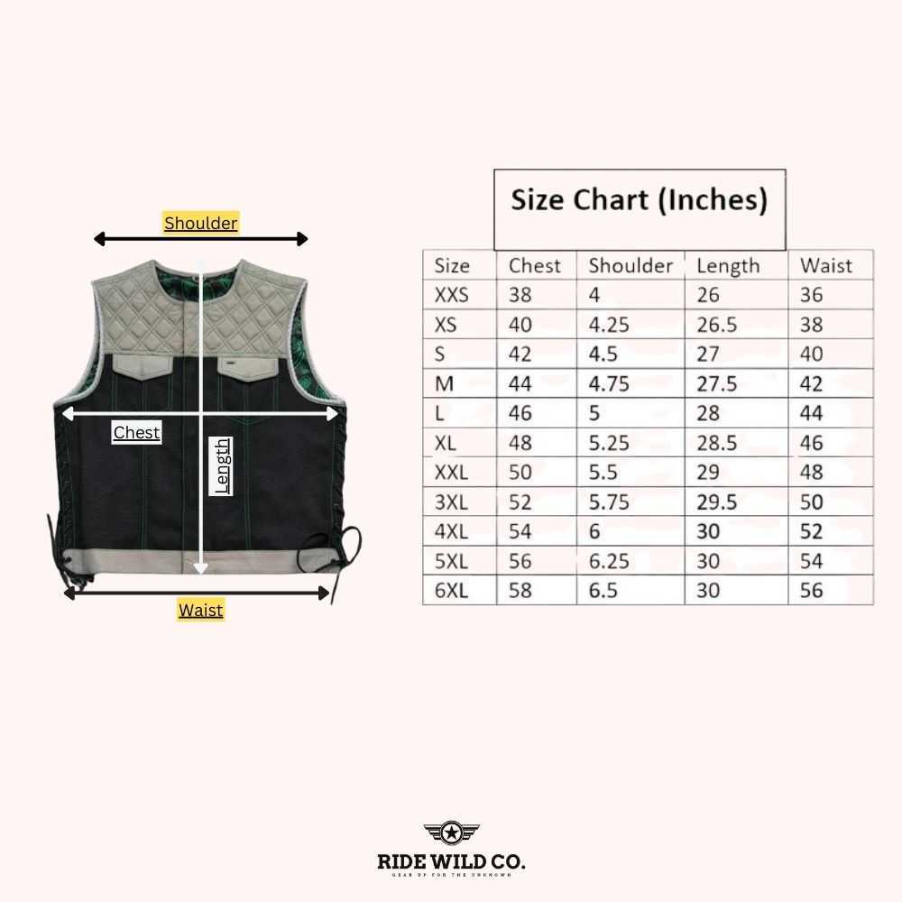 Road Warrior Men's Side-Lace Denim Vest - size chart