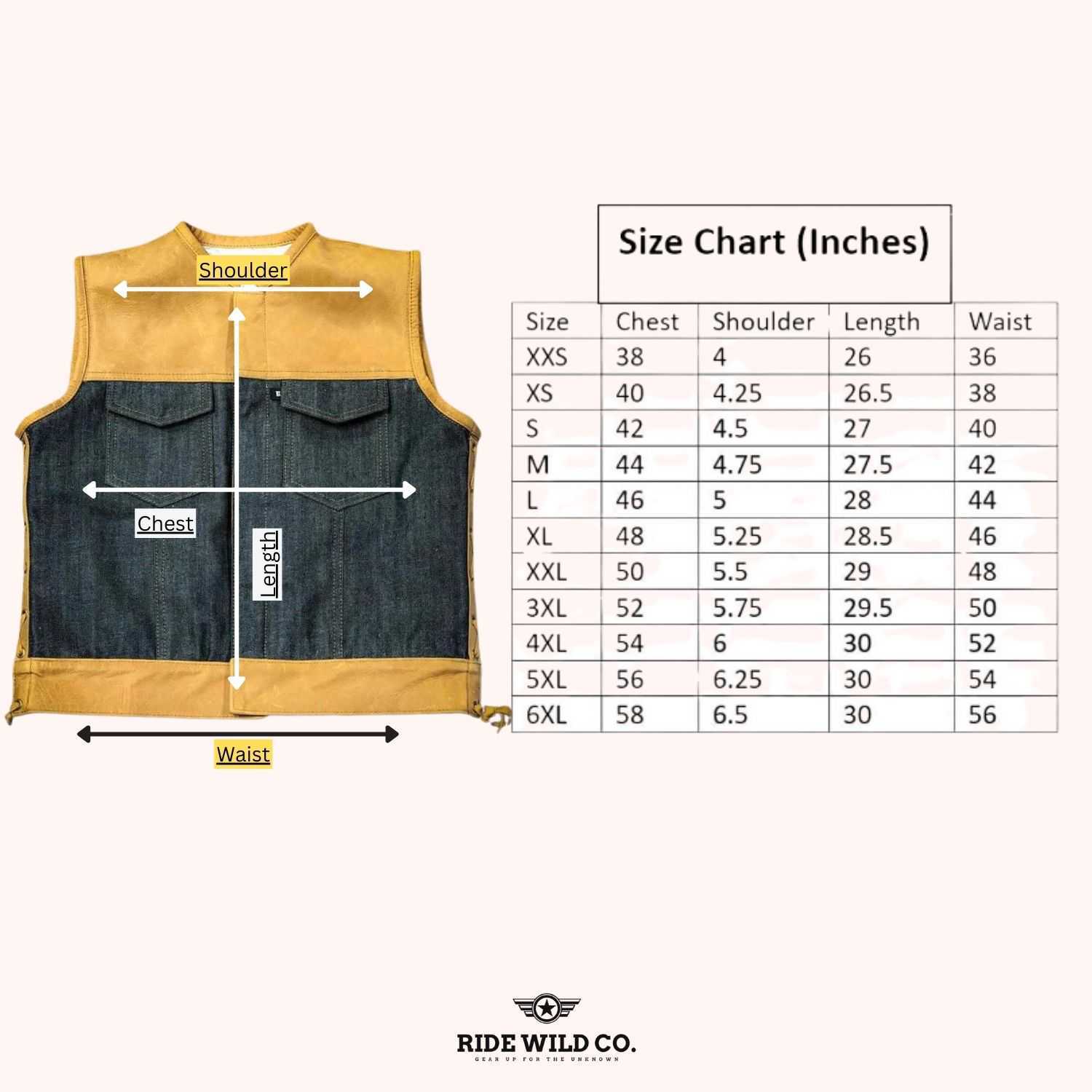 Rebel Cruiser Men's Denim Motorcycle Vest - size chart