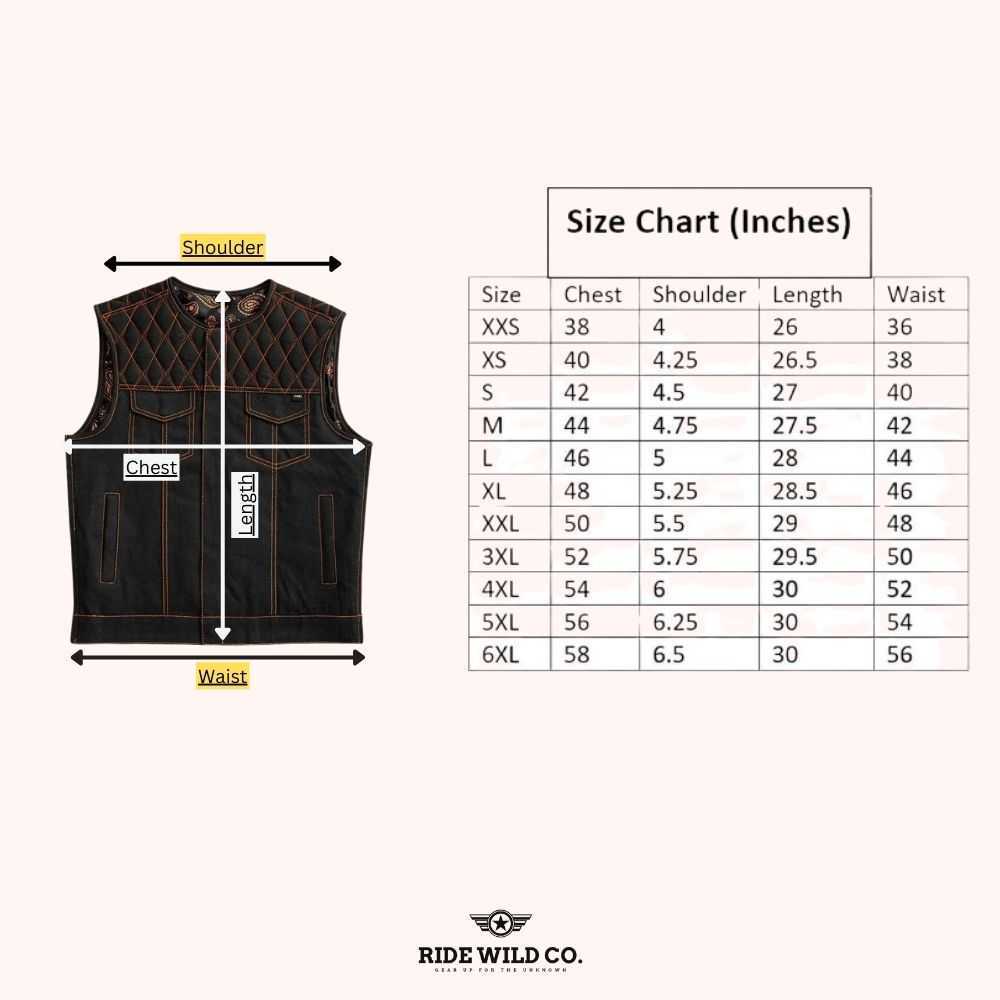 Vintage Worn-In Brown Denim Motorcycle Vest - size chart