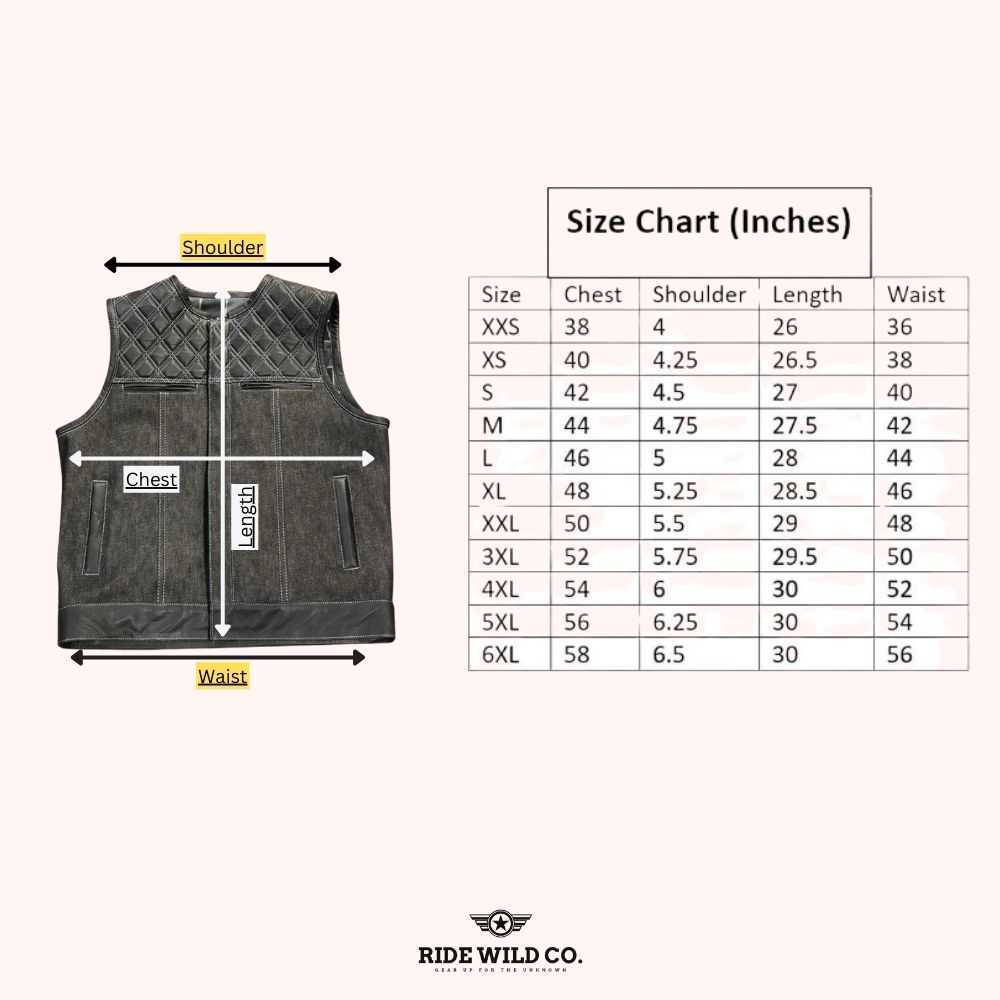 Renegade Rider Men's Distressed Denim Biker Vest - size chart