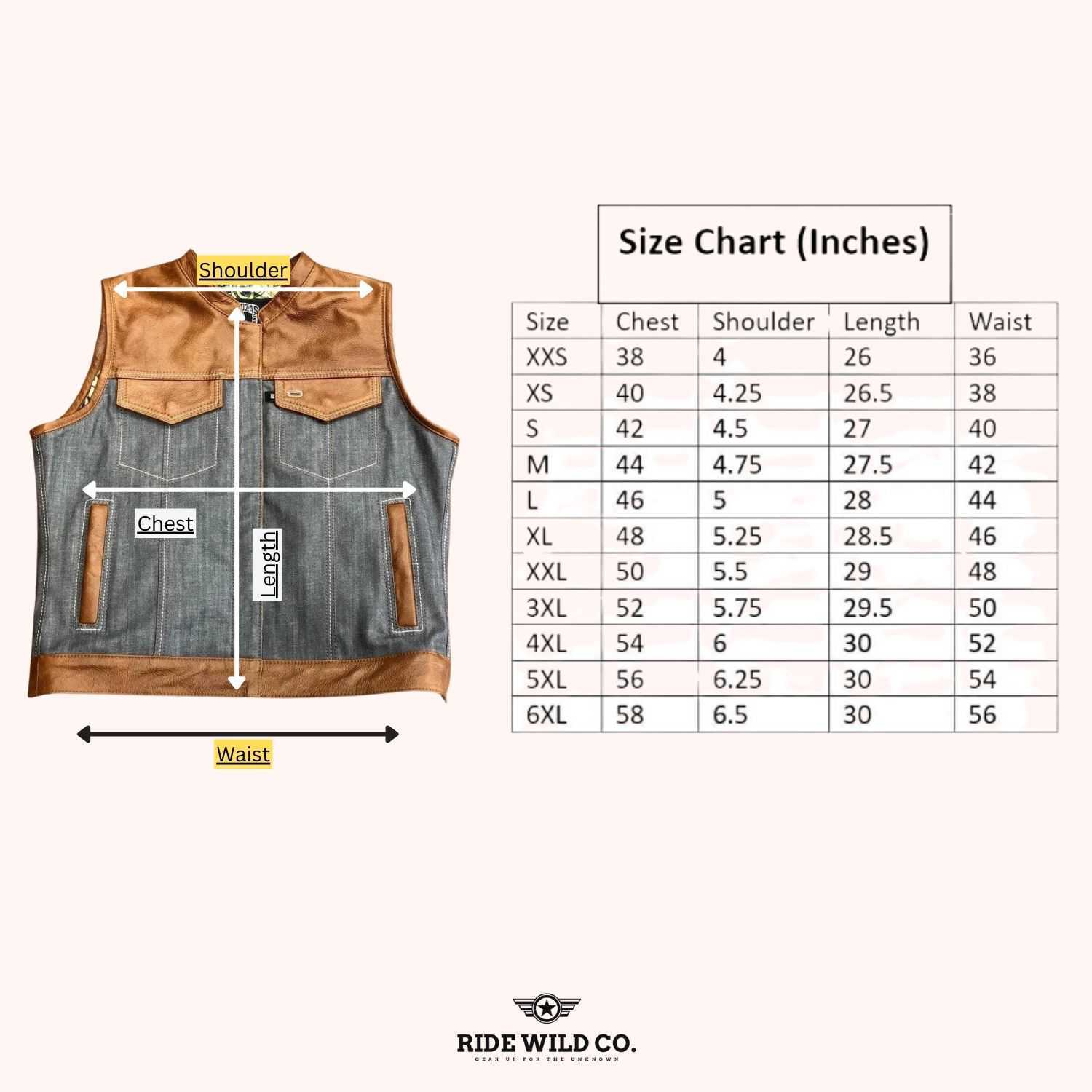 Hades Highway Men Denim Motorcycle Vest - size chart