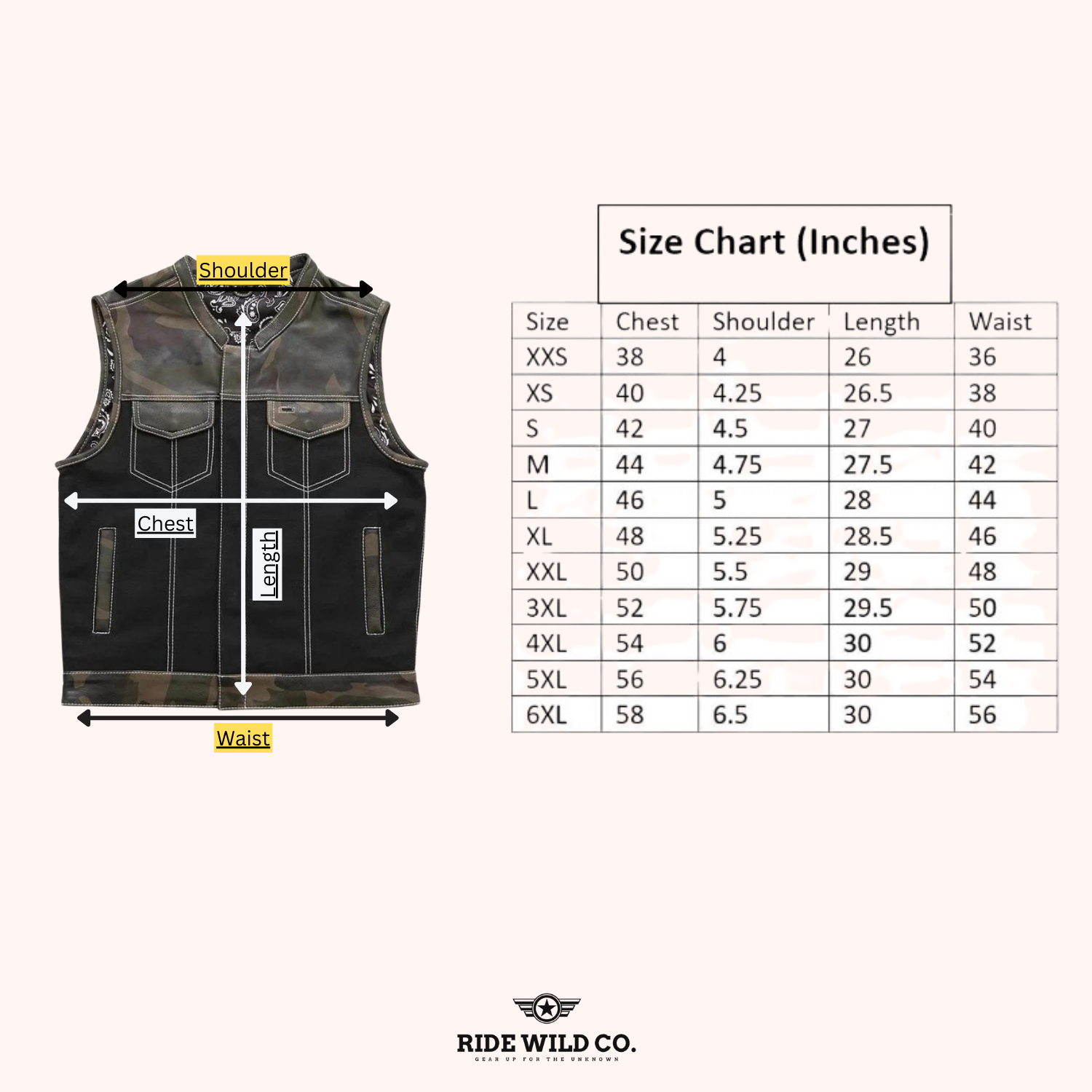 Infantry Men's Canvas Biker Vest - size chart