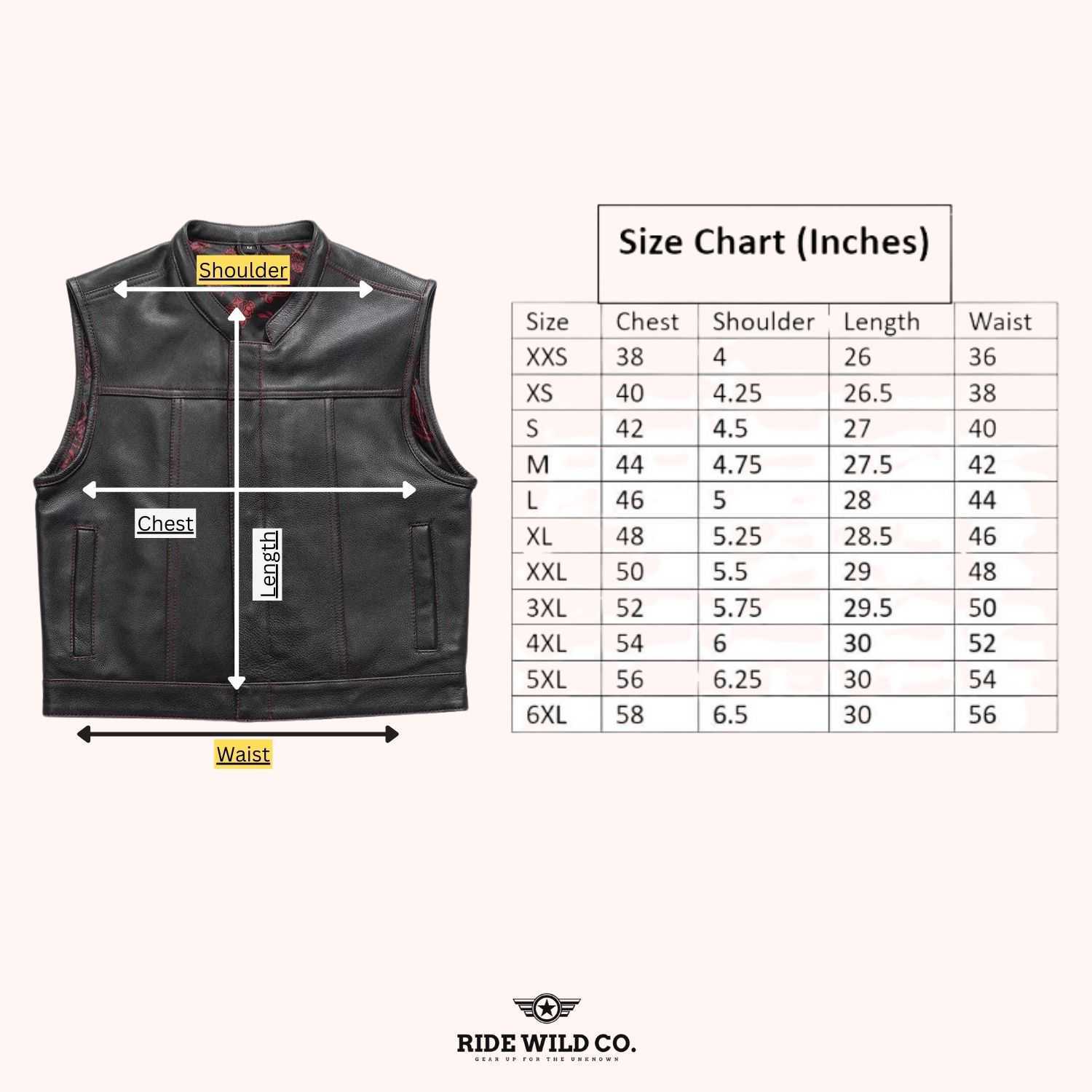 Slasher Men's Leather Motorcycle Vest - size chart