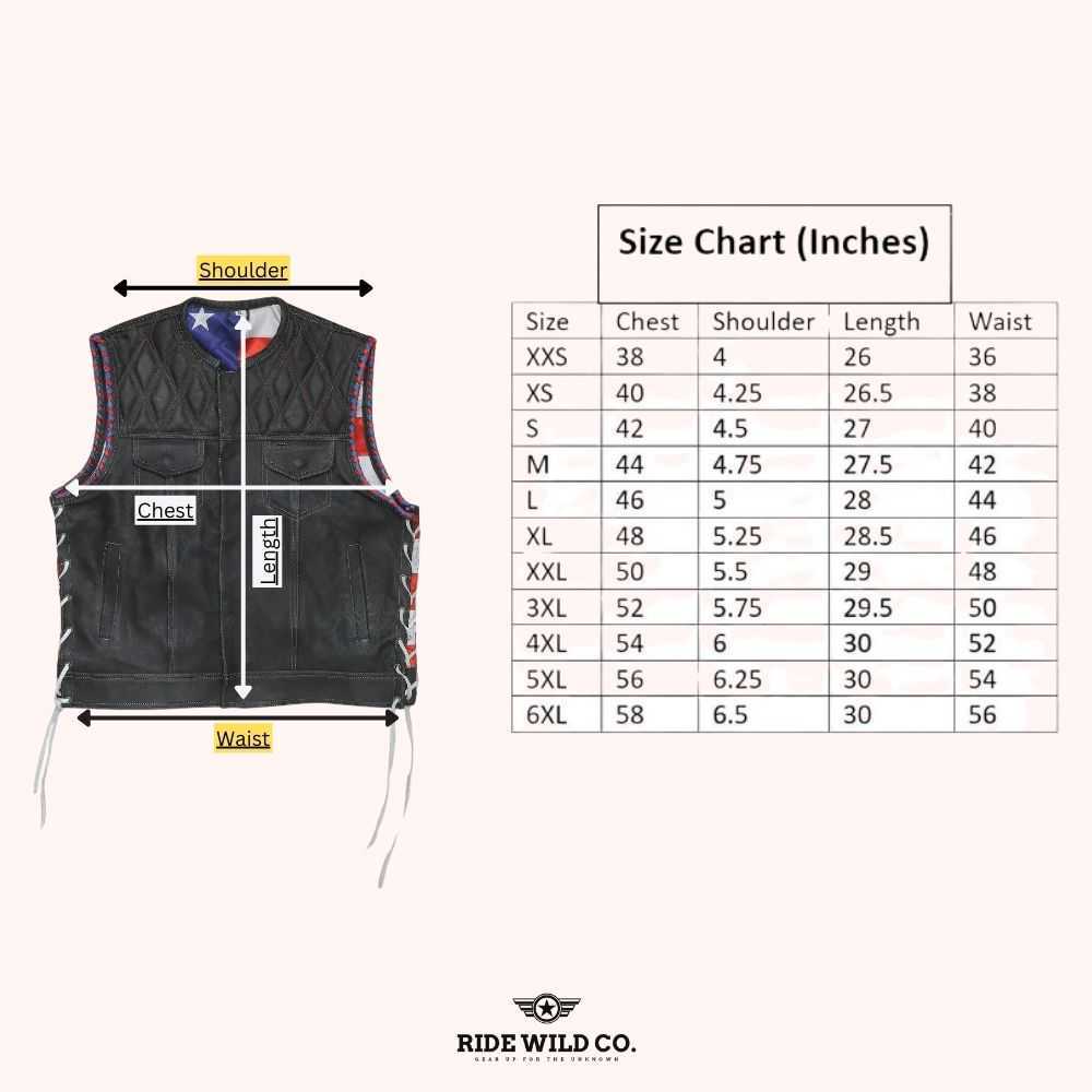 Maverick Men's Leather Motorcycle Vest - size chart