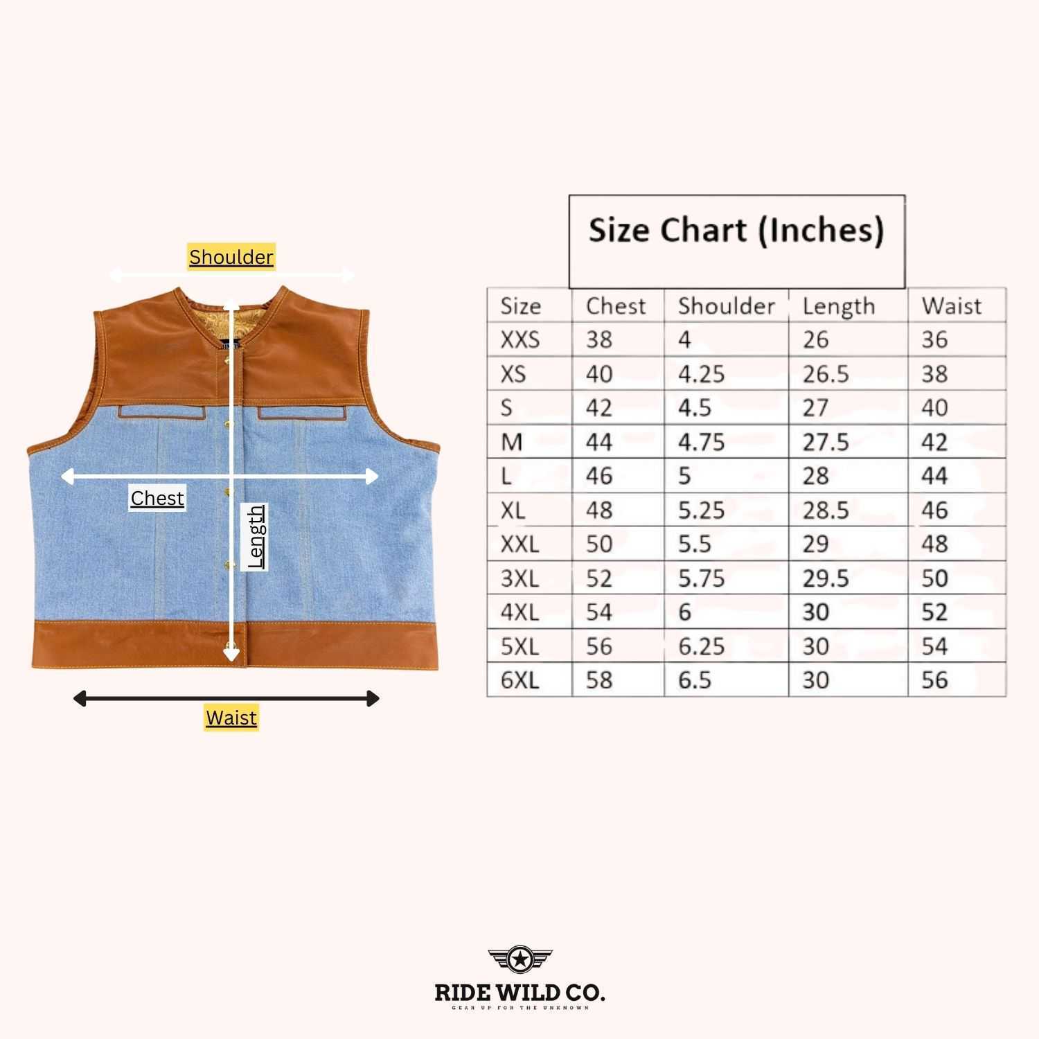 Brave Rider Men Denim Biker Vest - size chart