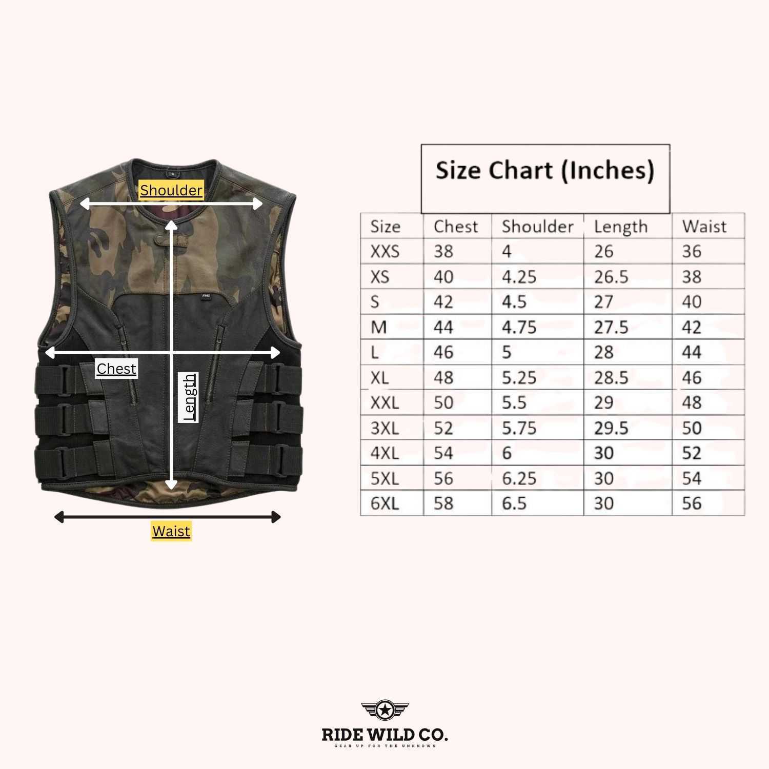 Urban Warrior Men's Distressed Leather Motorcycle Vest - size chart