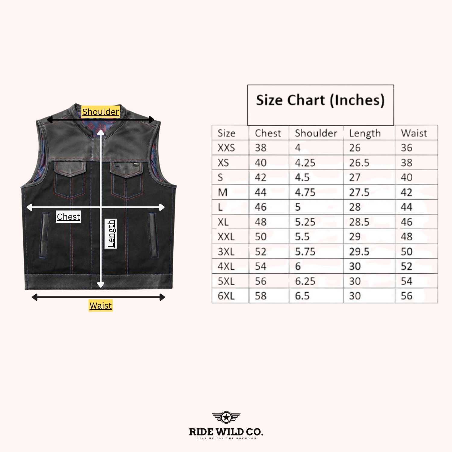 Maverick Men's Leather/Twill Motorcycle Vest - size chart