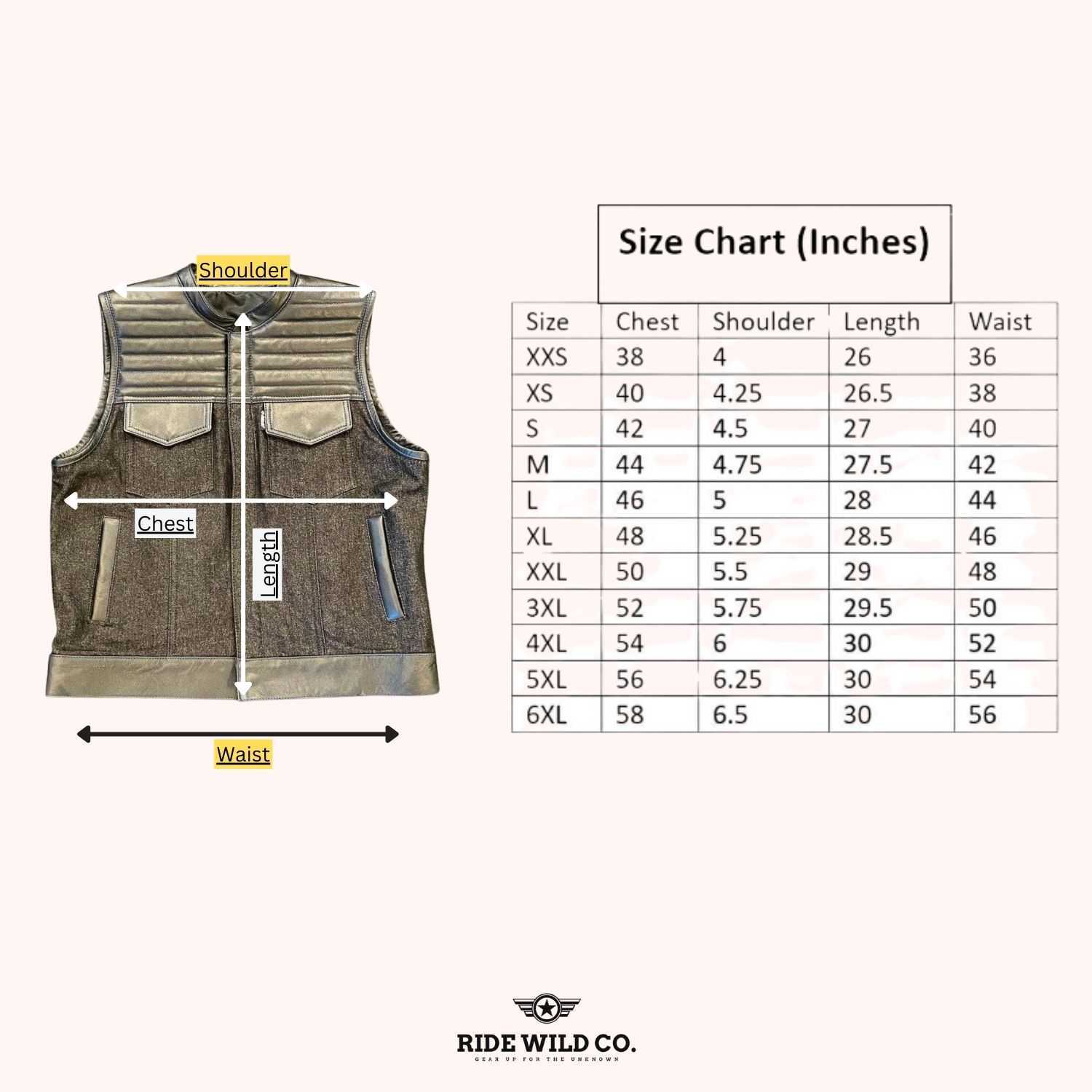 Florida Men's Leather Motorcycle Vest - size chart