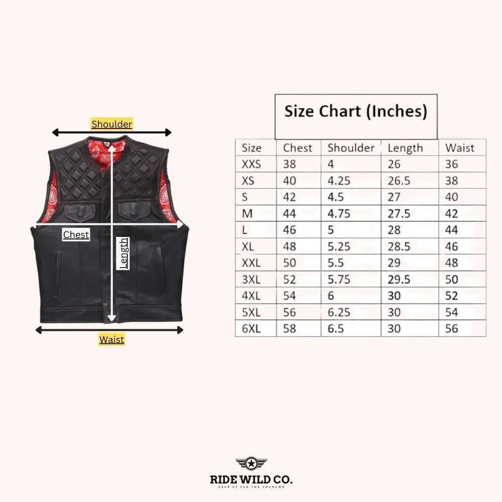 Bandana Ballad Men's Leather Motorcycle Vest - size chart