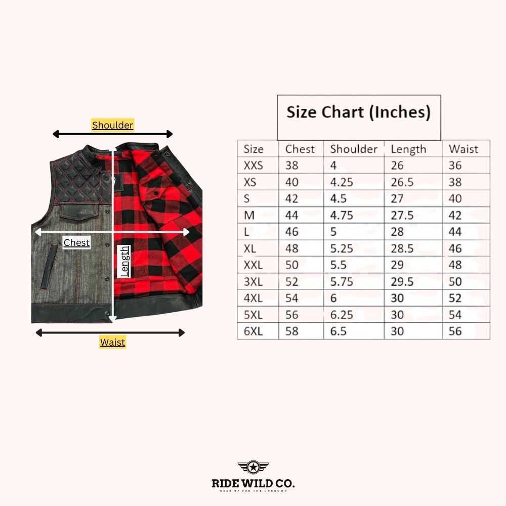 Plaid Denim Men's Motorcycle Denim Vest - size chart