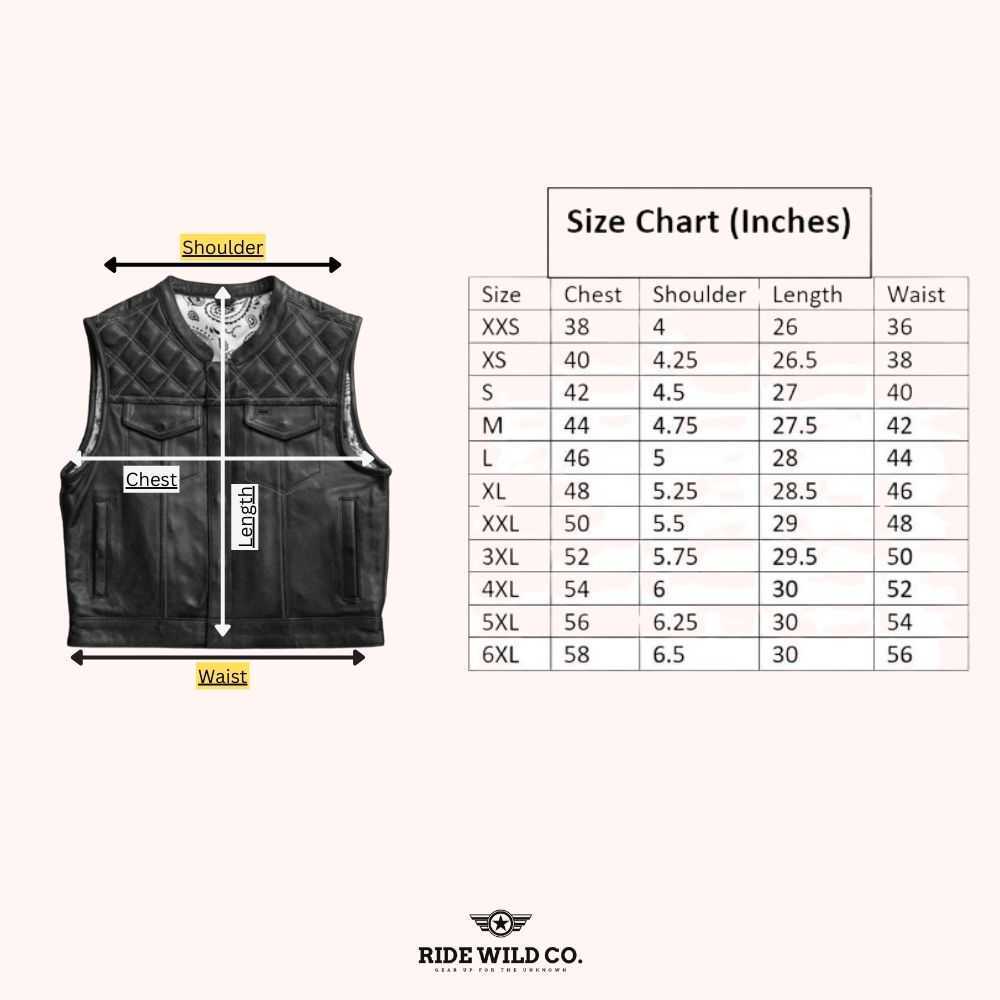 Ebony Quilted Men Leather Biker Vest - size chart