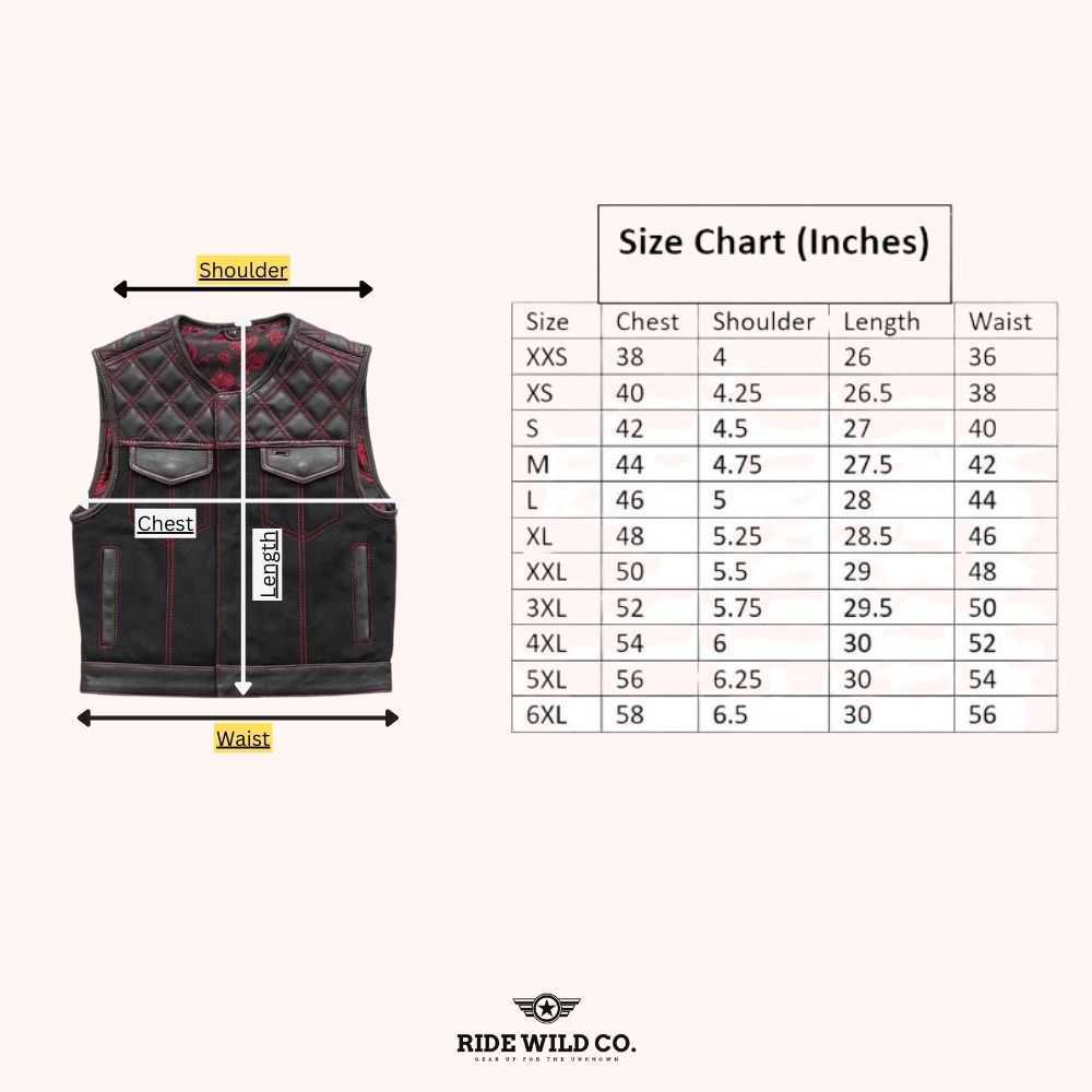 Hunt Club Outlaw Men Leather / Denim Biker Vest - size chart