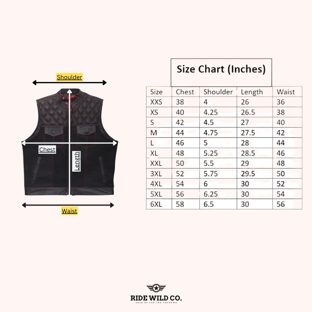 Homestead Hero Men's Motorcycle Leather Vest - size chart