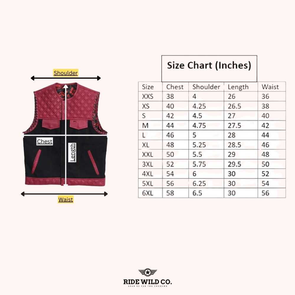 Ironclad Rider Men's Black Leather Motorcycle Vest - size chart