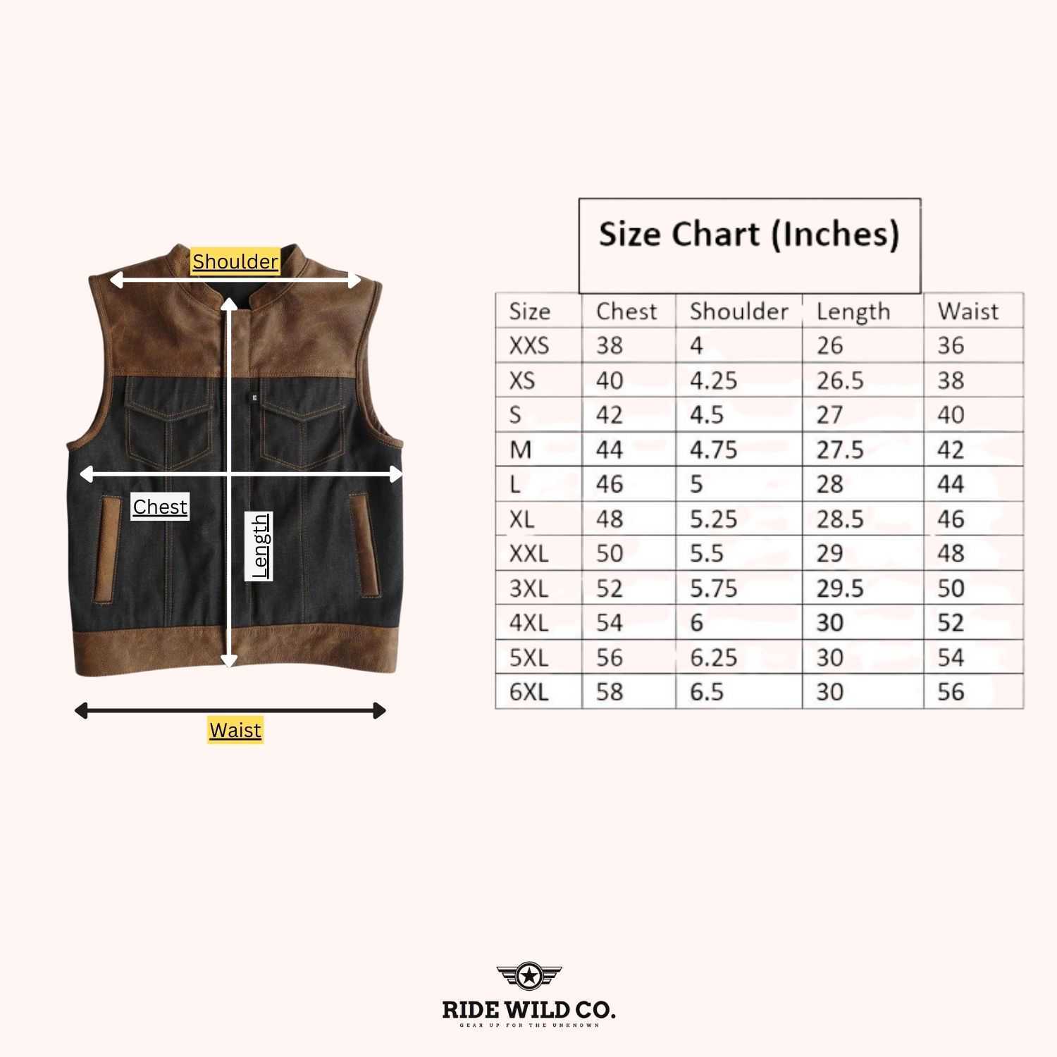 City Slicker Men's Leather Motorcycle Vest - size chart