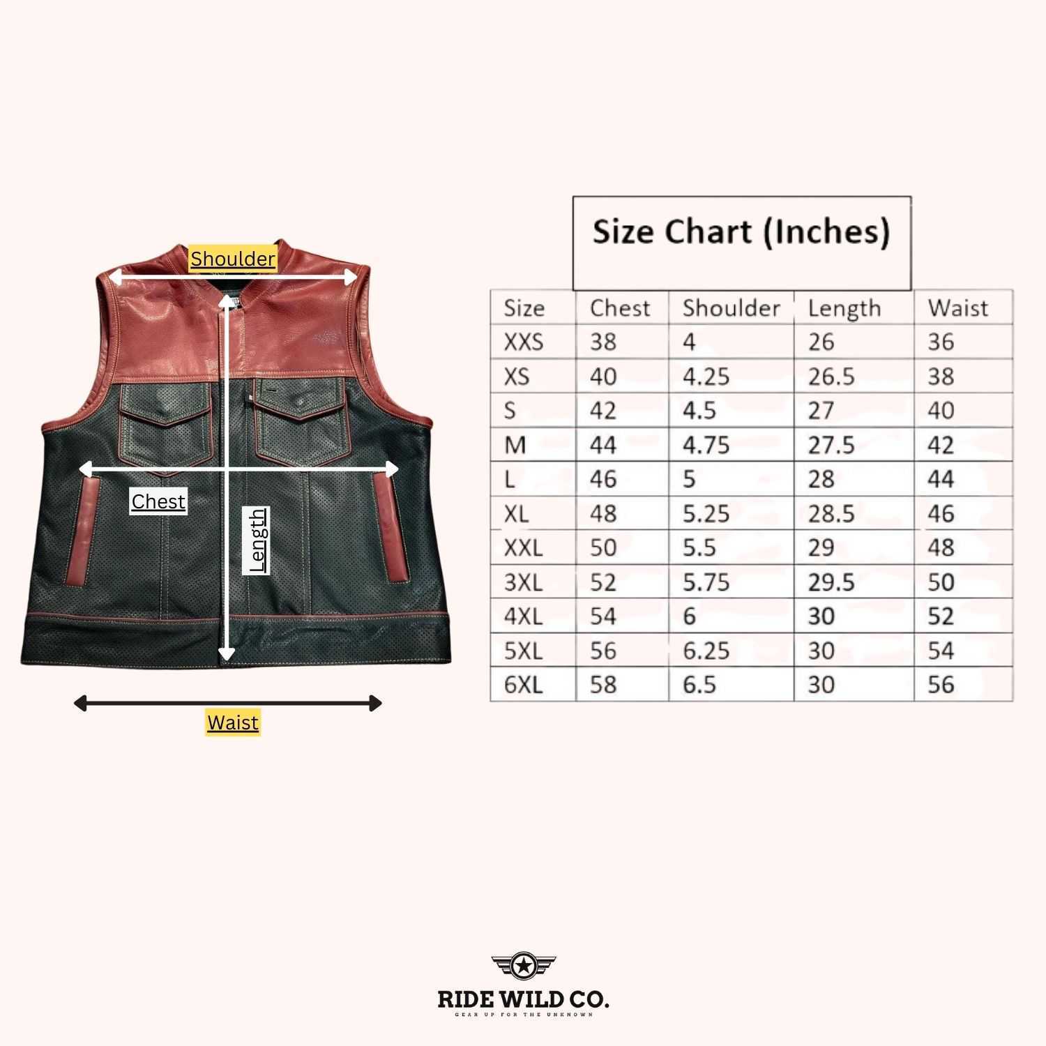 Maroon Noir Lowside Mesh Men's Motorcycle Leather Vest - size chart