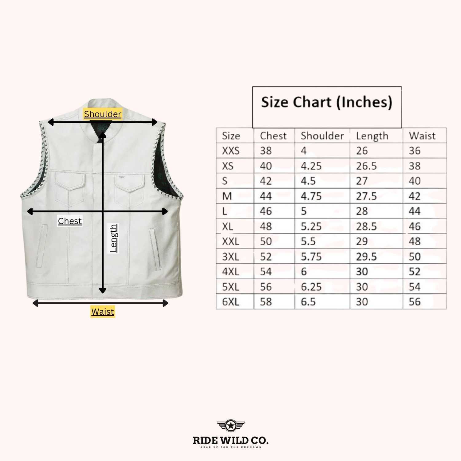 Ivory Ice Luxe Men's Leather Motorcycle Canvas Vest - size chart