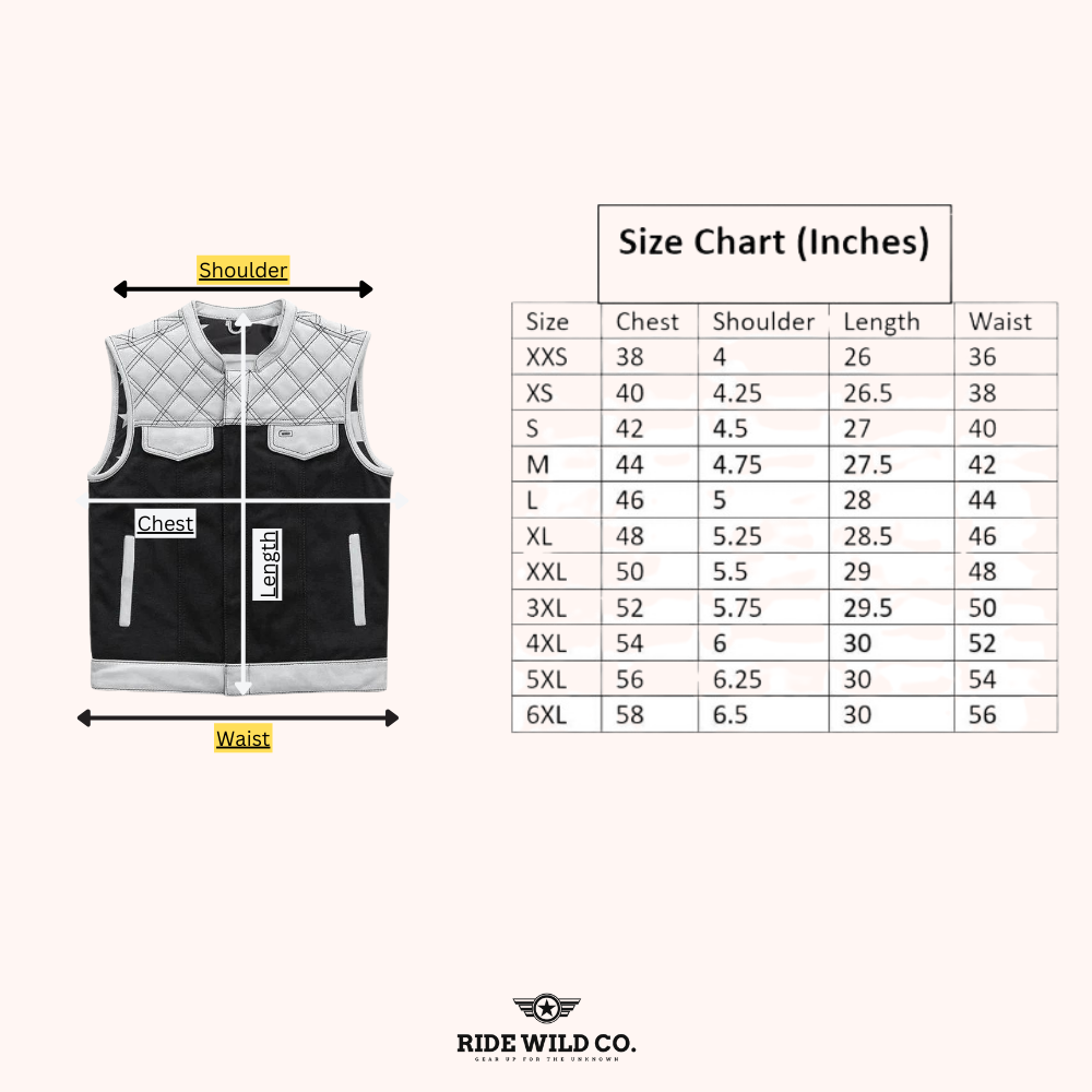 Gridlock Twill Leather Motorcycle Vest - size chart