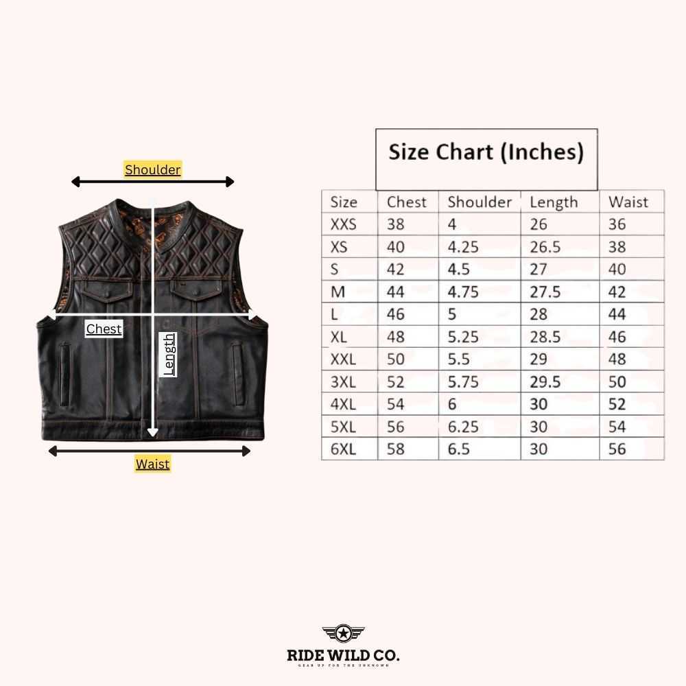 Roadster Men's Black Leather Biker Vest - size chart