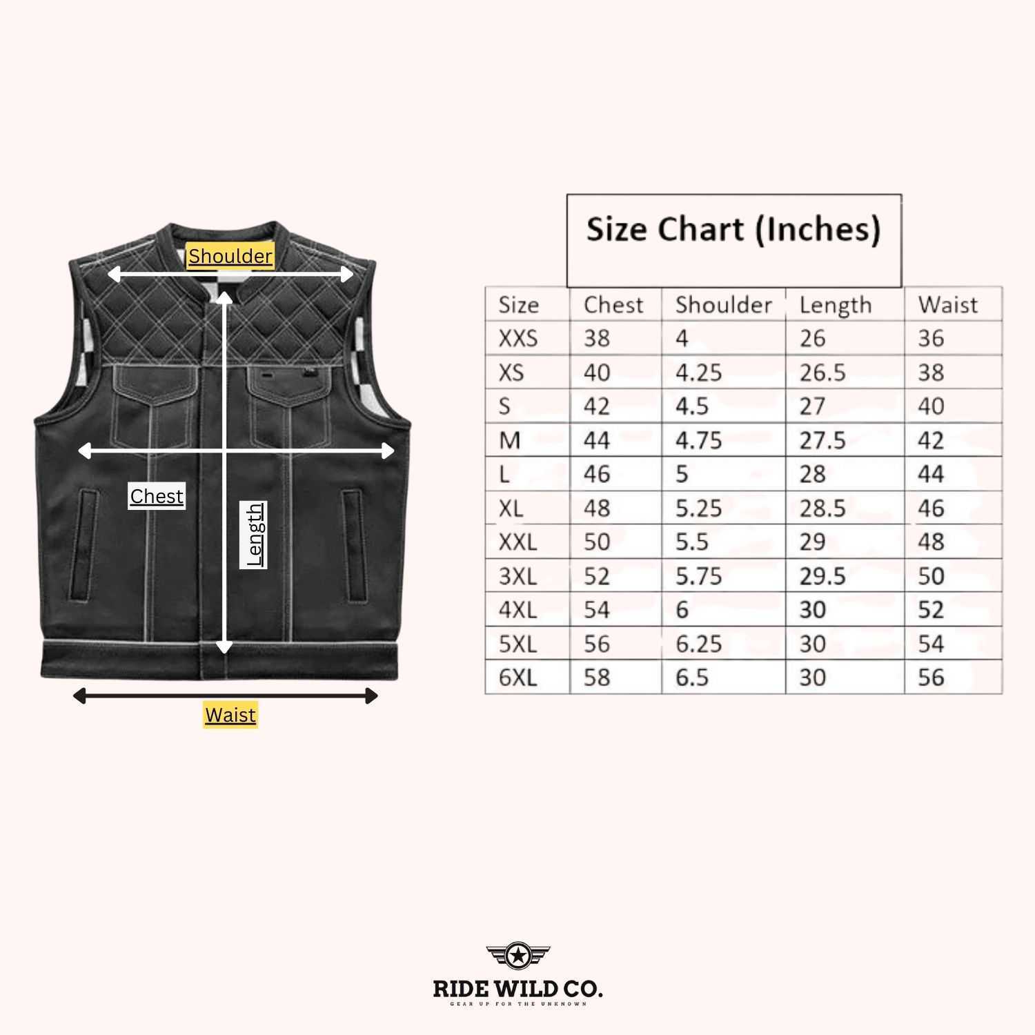 Black Checkered Diamond-Stitched Men's Biker Vest - size chart