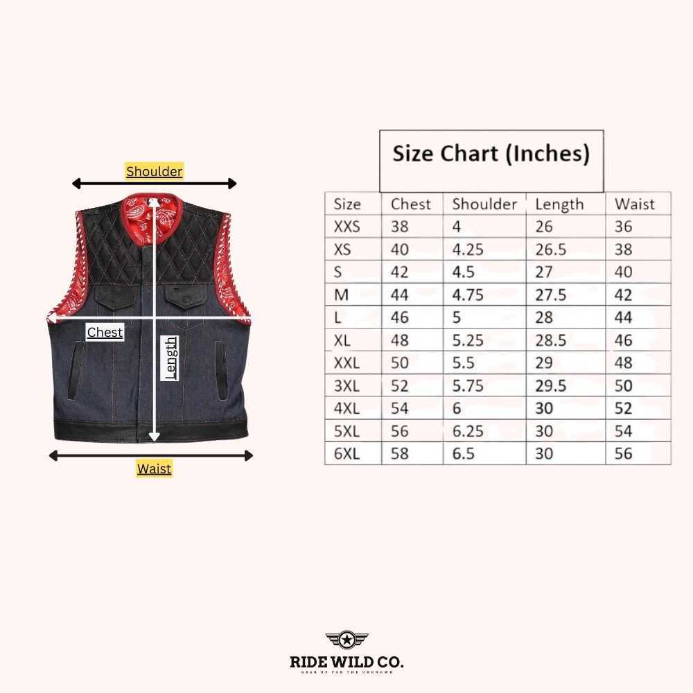 Rush Men's Denim Biker Vest - size chart