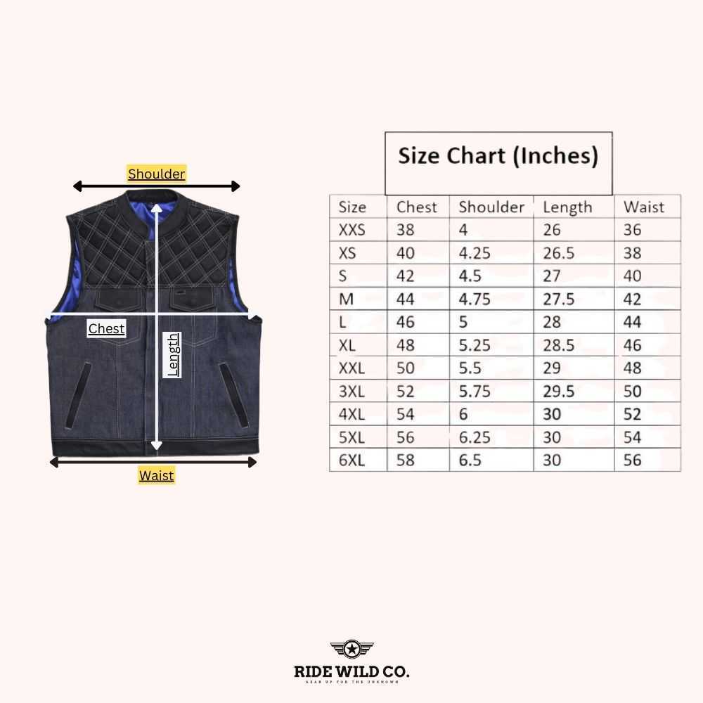 Rugged Denim Diamond Quilted Men Denim Motorcycle Vest - size chart