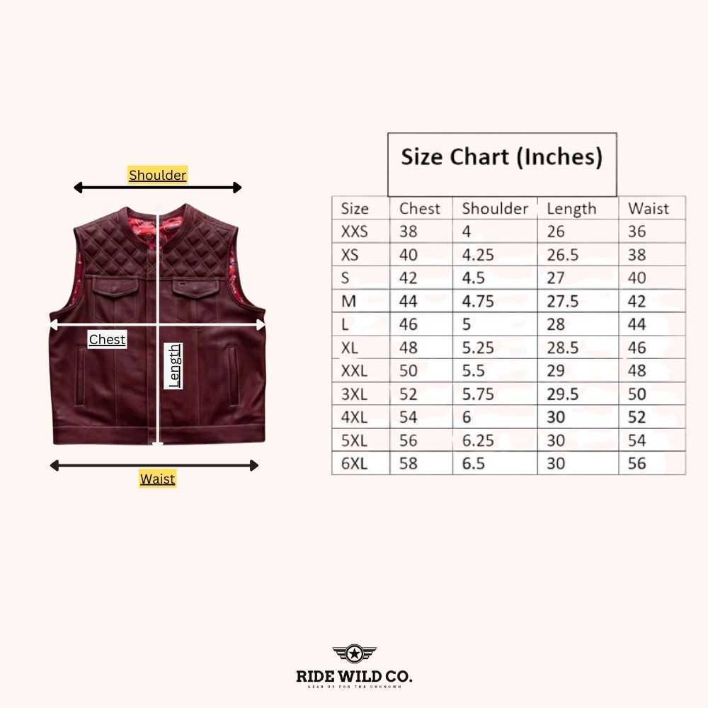 Road Warrior Men's Diamond Quilted Leather Vest - size chart