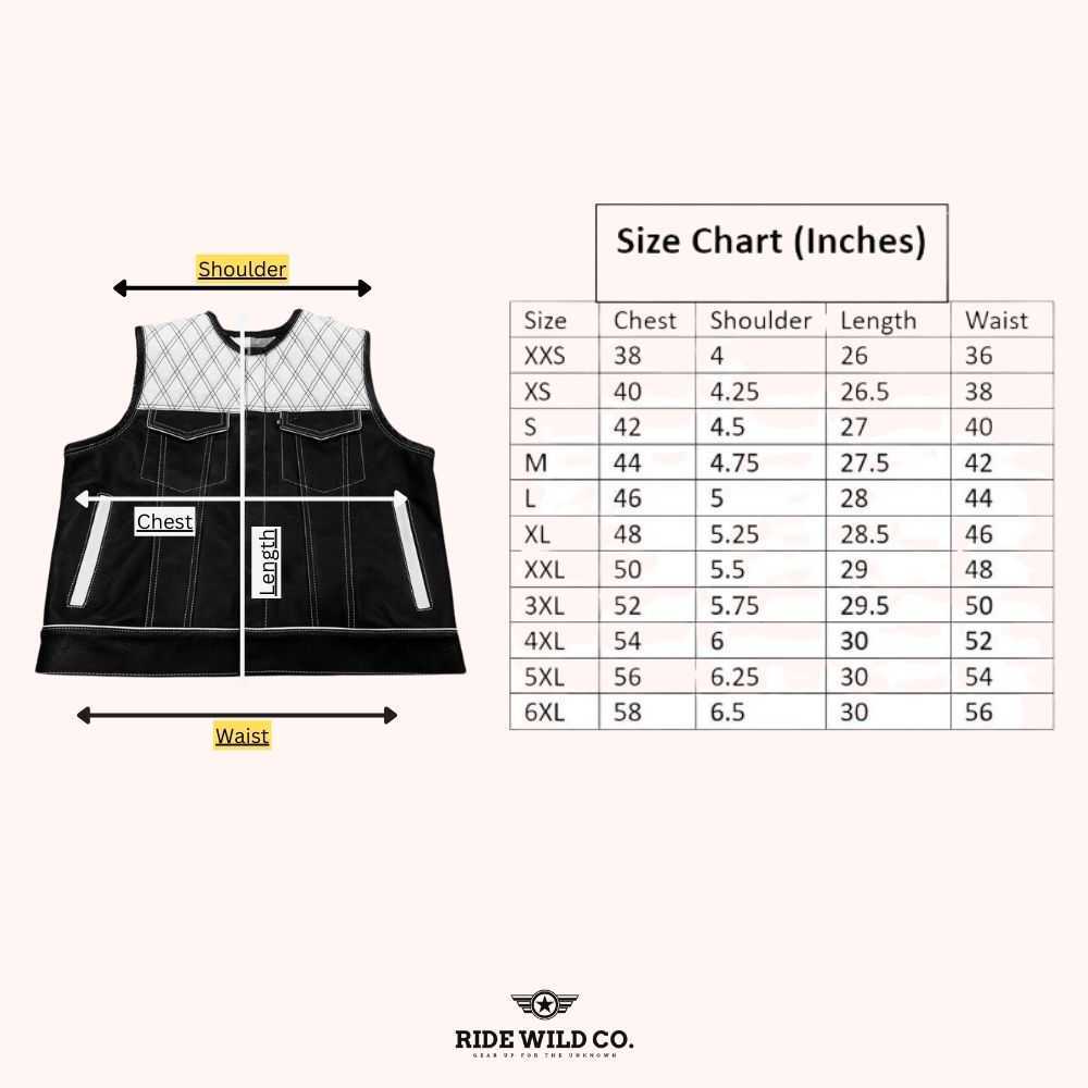 Stark Contrast Men Leather Motorcycle Vest - size chart