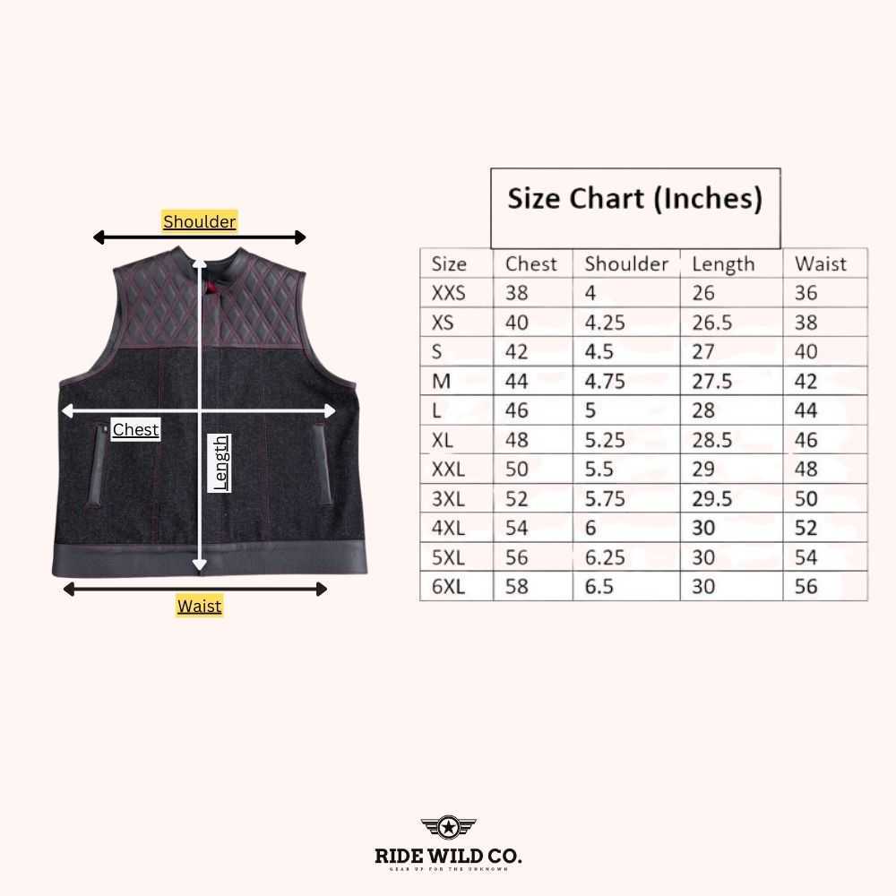 Wayfarer Men's Black Denim Motorcycle Vest - size chart