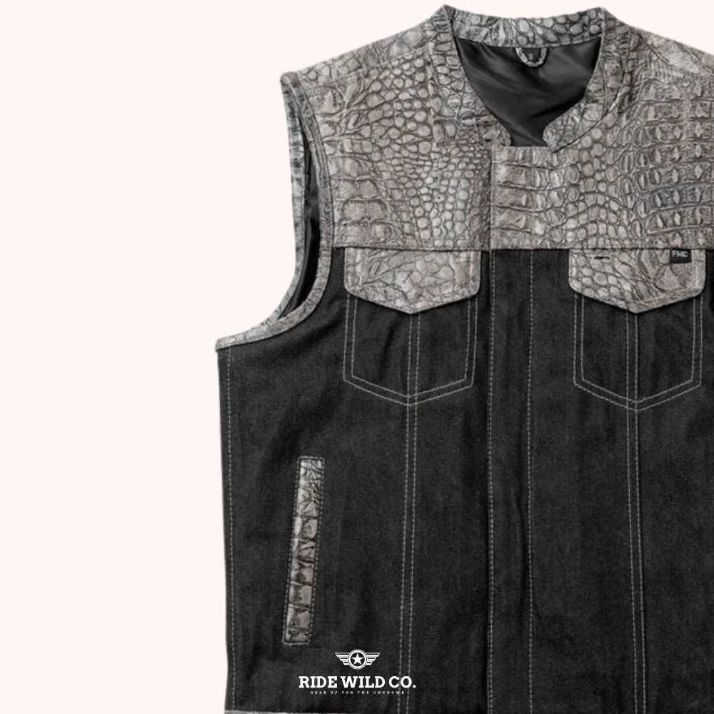 Serpent Hunt Club Men's Denim Biker Vest - left close up