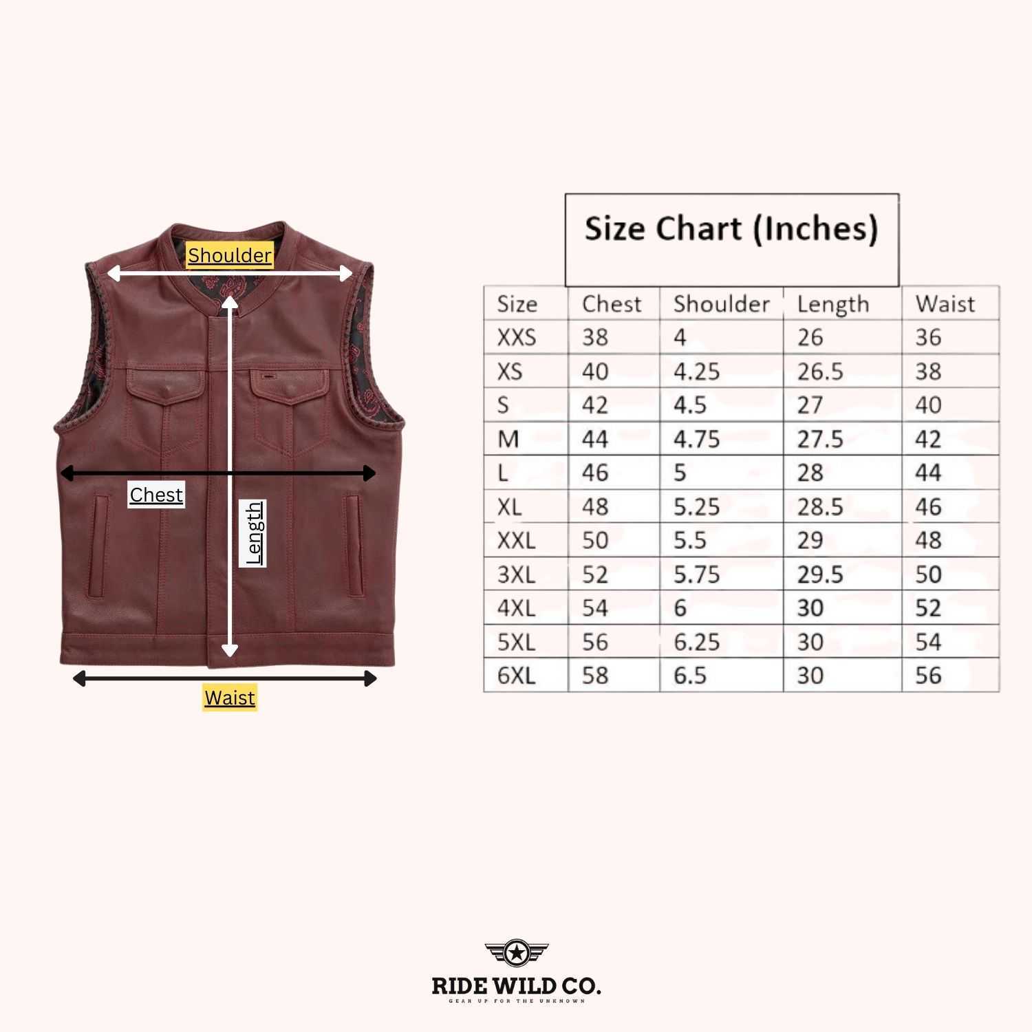 Carmine Men's Canvas Rider Vest - size chart