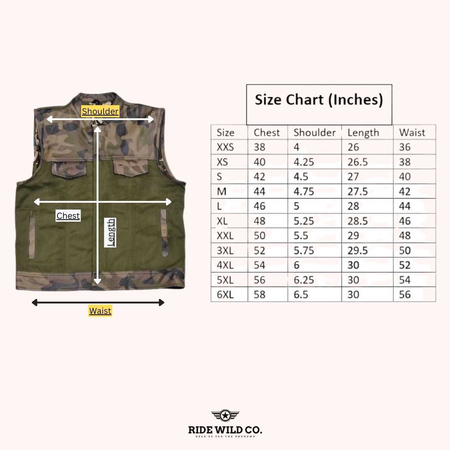 Hunt Club Style Men's Leather Motorcycle Vest - size chart