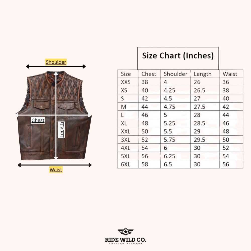 Outlaw Rider Men's Washed Leather Motorcycle Vest - size chart