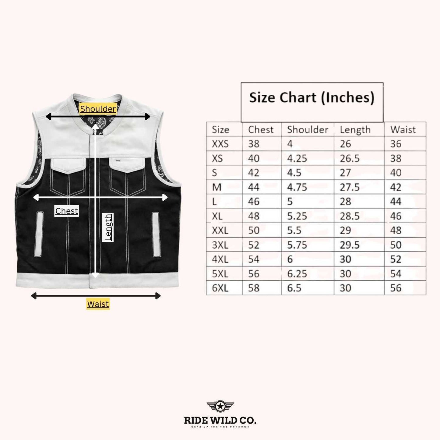 Men's Cashmere-Lined Two-Tone Leather Motorcycle Vest - size chart