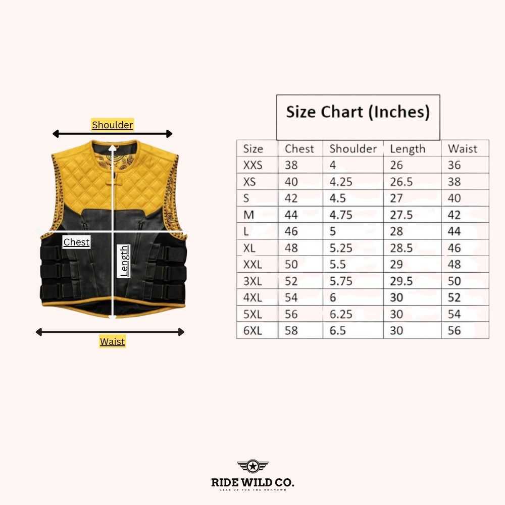 Renegade Men's Leather Biker Vest - size chart