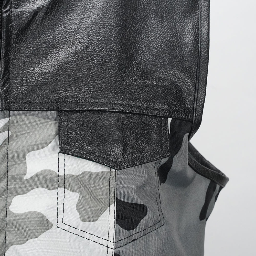 Shadow Stalker Men's Camouflaged Canvas Biker Vest - leather close up